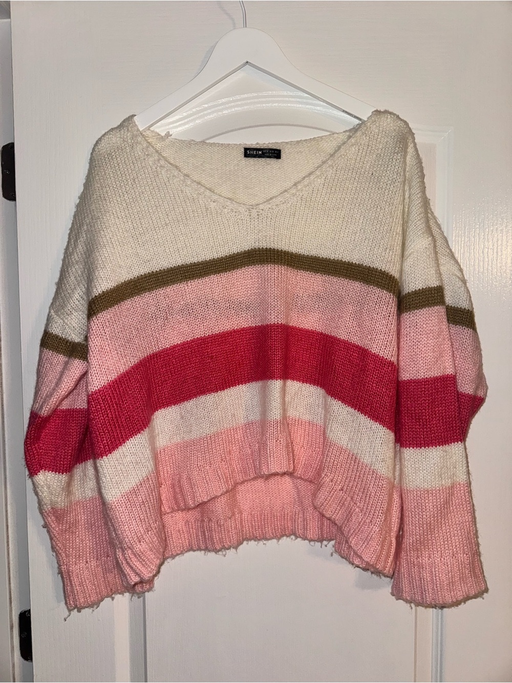 SHEIN Cream, Pink & Red Striped V-Neck Sweater